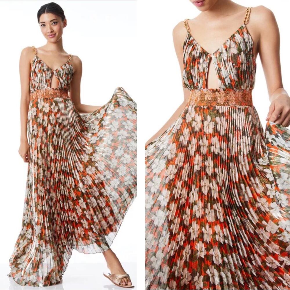 ALICE + OLIVIA Gloria Chain Strap Pleated Metallic Floral Maxi Dress Size 2